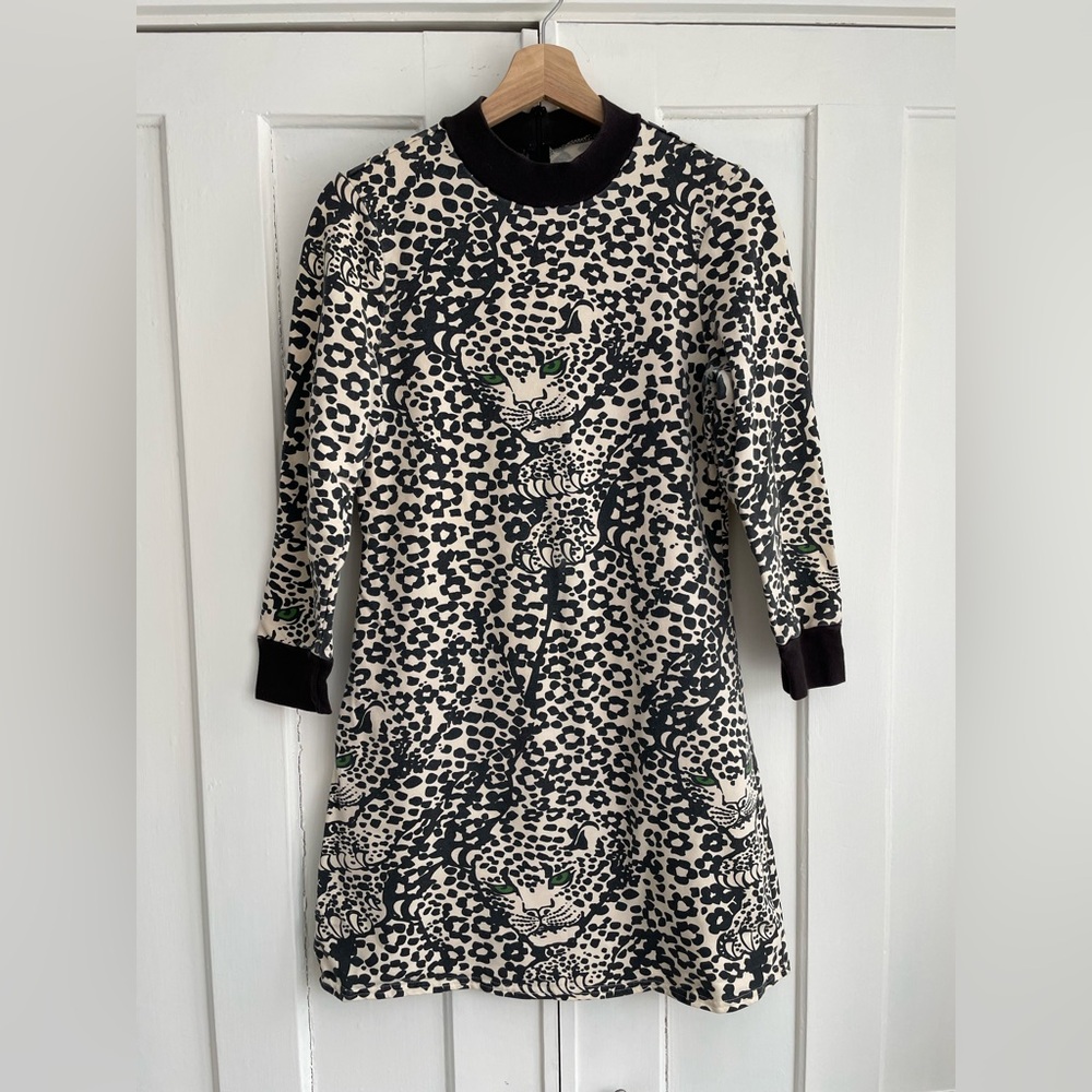 Free People Black & White Hersey Leopard Print Dress with Green Eyes Y2K S/M Vtg